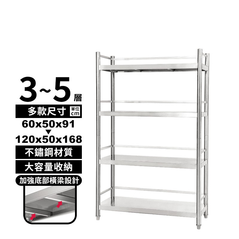寬50cm鋼板特厚80%不鏽鋼置物架 三層 四層 五層 三面圍欄