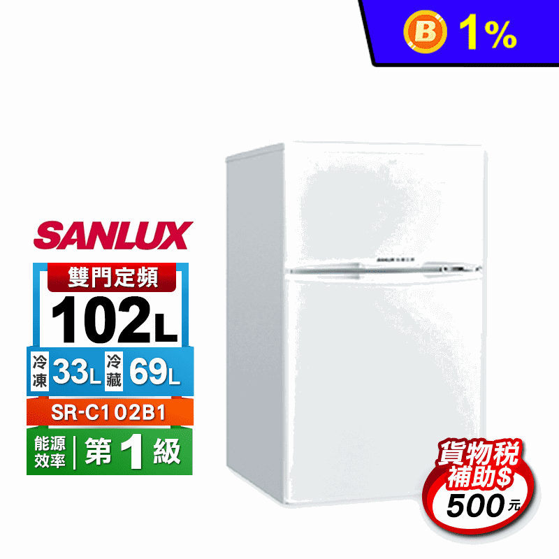 【SANLUX 台灣三洋】102公升一級能效雙門定頻冰箱(SR-C102B1)