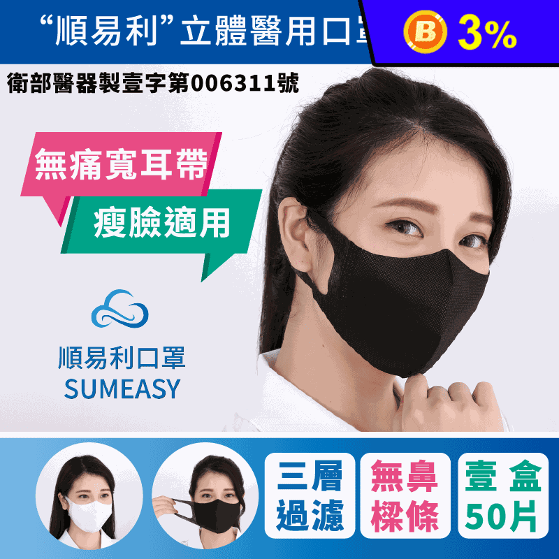 【順易利】3D立體成人醫用口罩 50片/盒(寬耳帶)