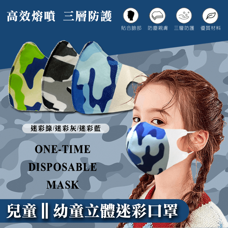 立體迷彩兒童及幼童口罩50入/盒裝/非醫療用