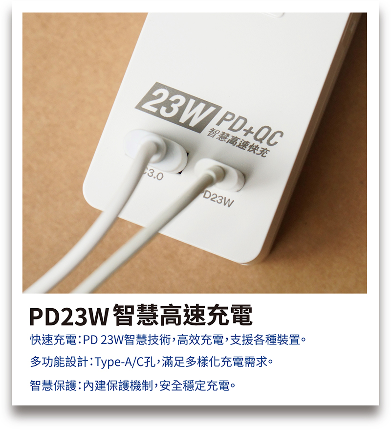 【太星電工】速充寶PD23W一開三插快充延長線(4/6尺)OCP21304/06