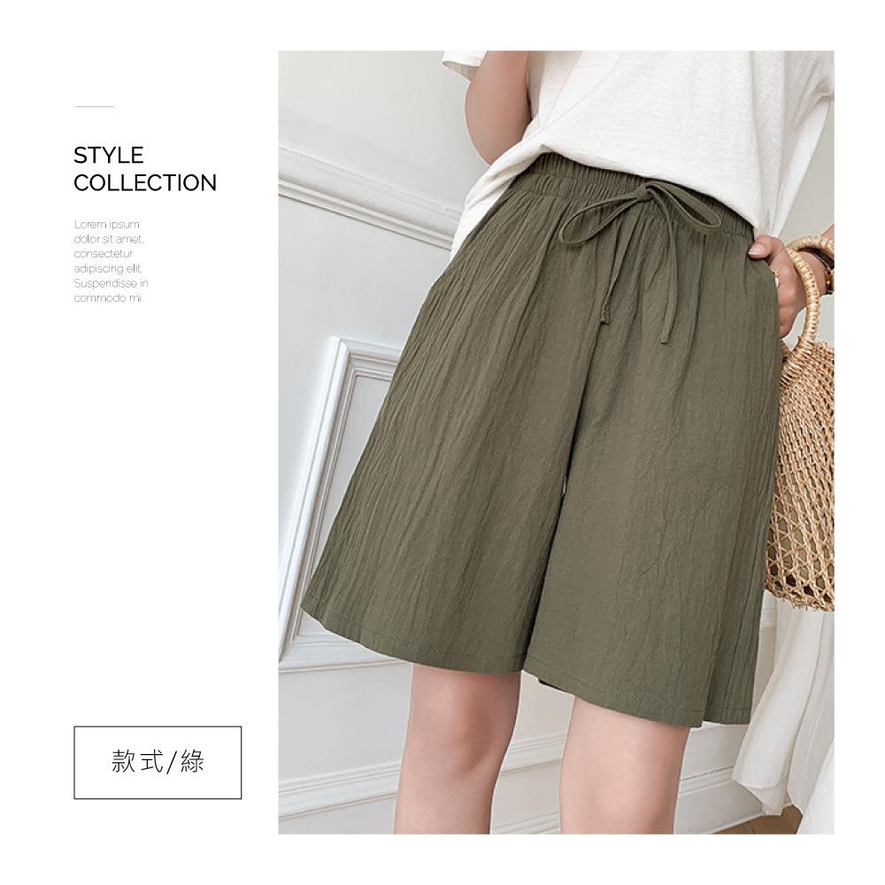 韓系透氣舒適寬鬆棉麻短褲 鬆緊腰設計 L-2XL 5色任選
