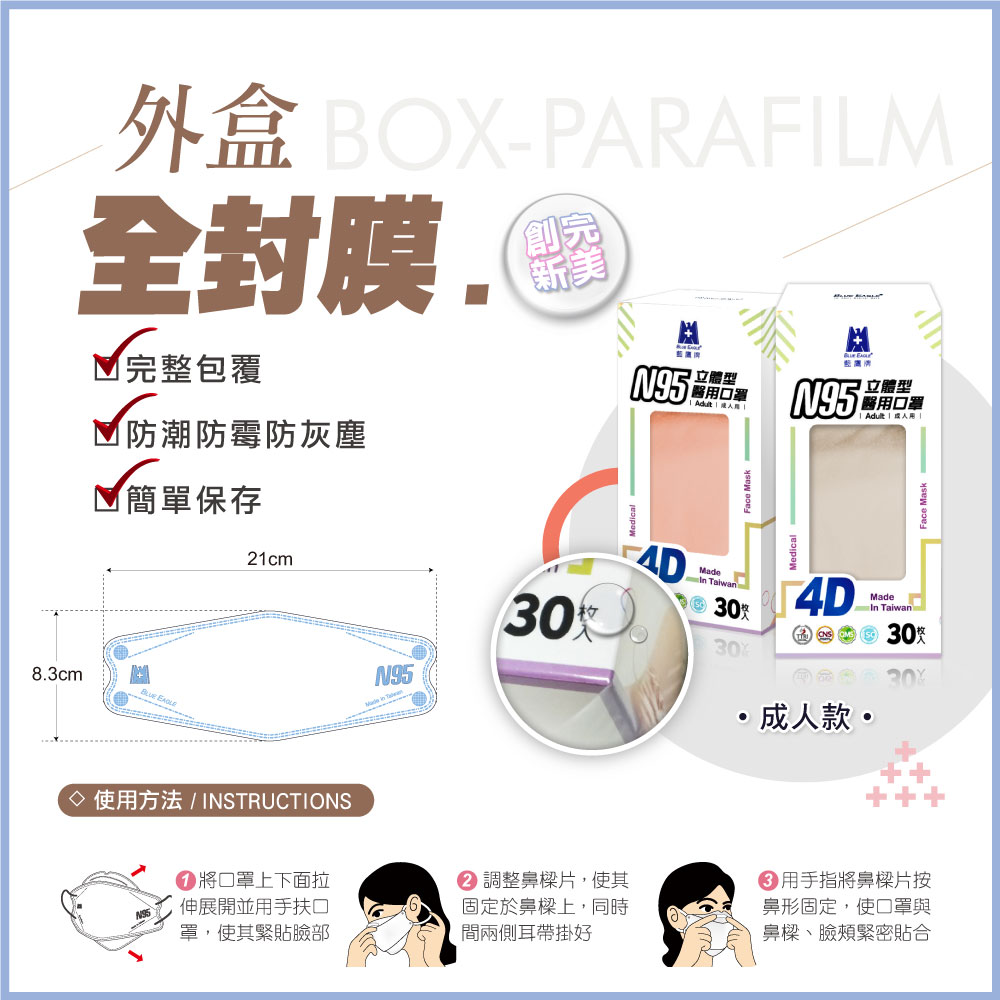 【藍鷹牌】N95 4D立體型醫療成人口罩 (30片/盒) 附 瓦楞收納箱