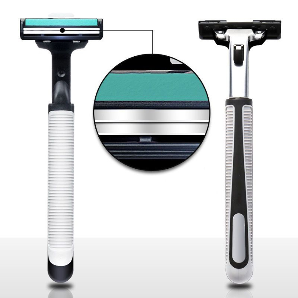 不鏽鋼雙層手動刮鬍刀超值組 2刀架 60刀片 刀架盒