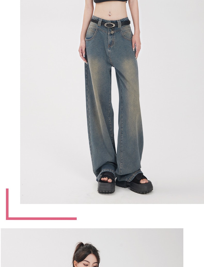 【YC&原創】星空紋懷舊藍高腰牛仔褲 寬鬆顯瘦拼接闊腿褲 (女款)