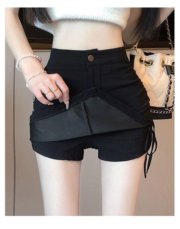不規則抽繩高腰包臀黑色褲裙 設計感彈力短褲裙