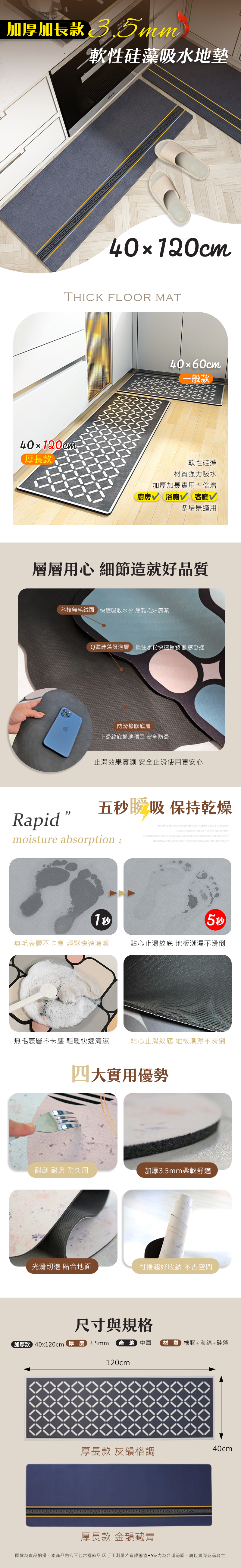 加厚3.5MM軟性硅藻吸水加長地墊