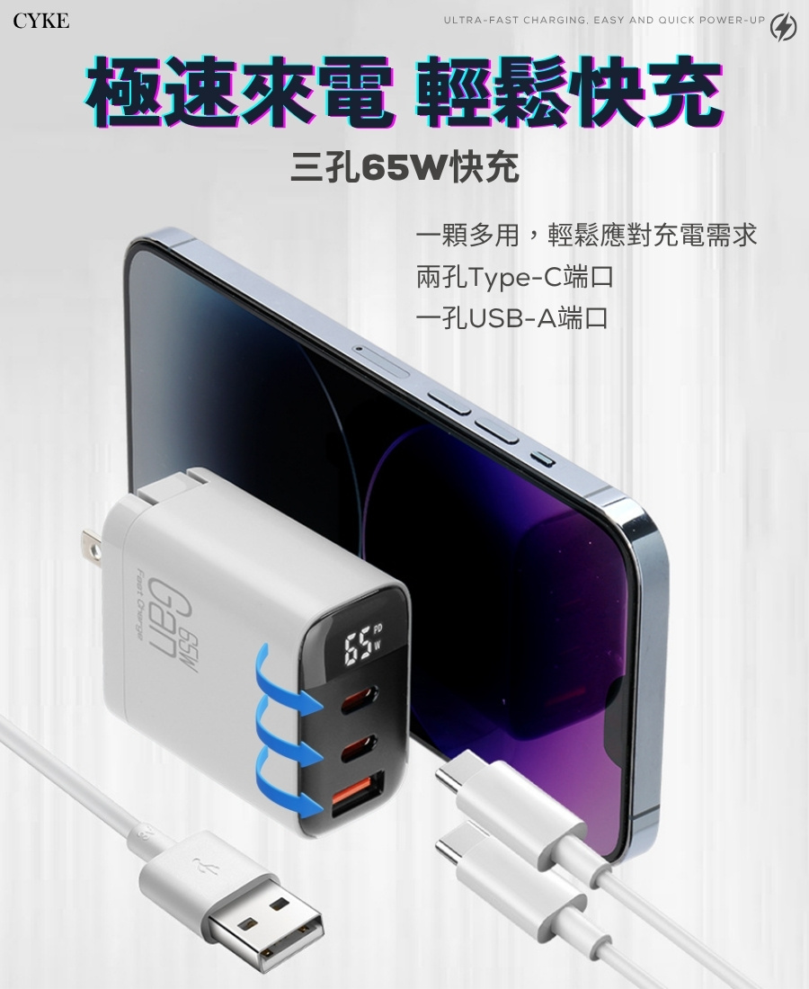 數位顯示 65w 快充頭 三孔 USB/雙TypeC 多設備兼容 安全保護 充電器 充電頭 快充頭 豆腐頭 充電