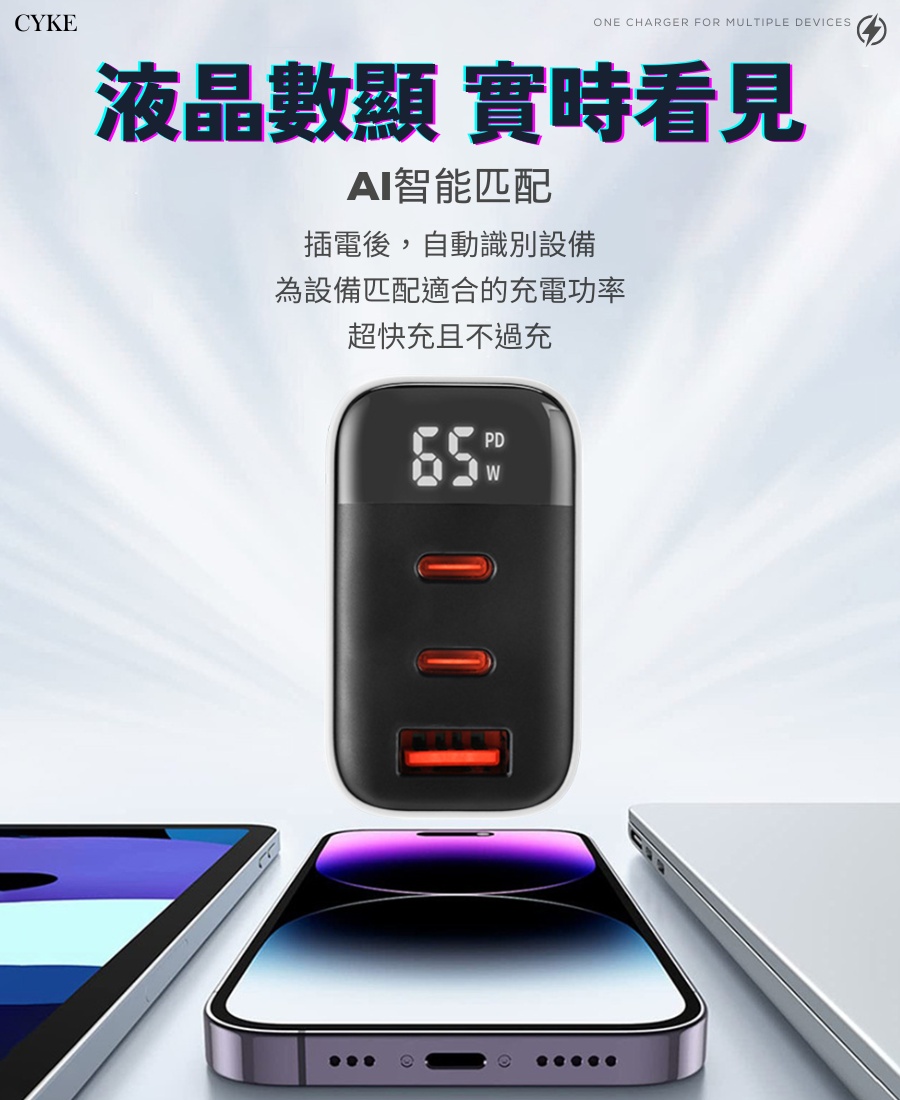 數位顯示 65w 快充頭 三孔 USB/雙TypeC 多設備兼容 安全保護 充電器 充電頭 快充頭 豆腐頭 充電