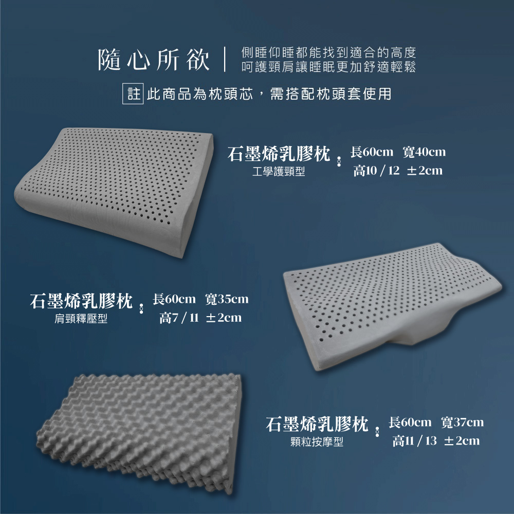 【BEST】 石墨稀 泰國乳膠 枕頭 枕心 完美支撐 多款乳膠枕任選 贈3M防潑水大和枕套(灰)
