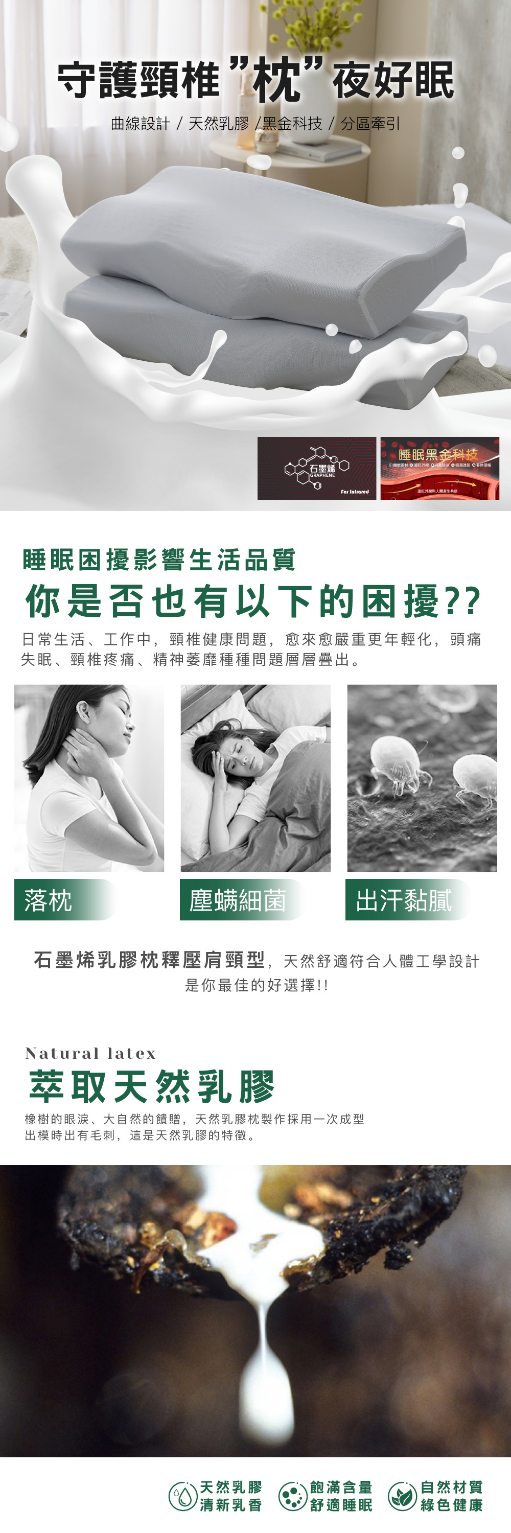 【BEST】 石墨稀 泰國乳膠 枕頭 枕心 完美支撐 多款乳膠枕任選 贈3M防潑水大和枕套(灰)
