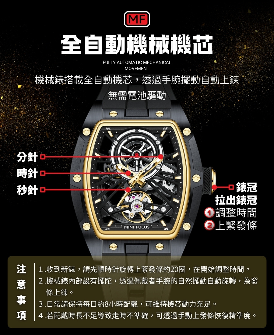MF 精品款防水機械錶 機械機芯 親膚錶帶 透視錶殼 機械錶 商務錶 手錶 運動錶