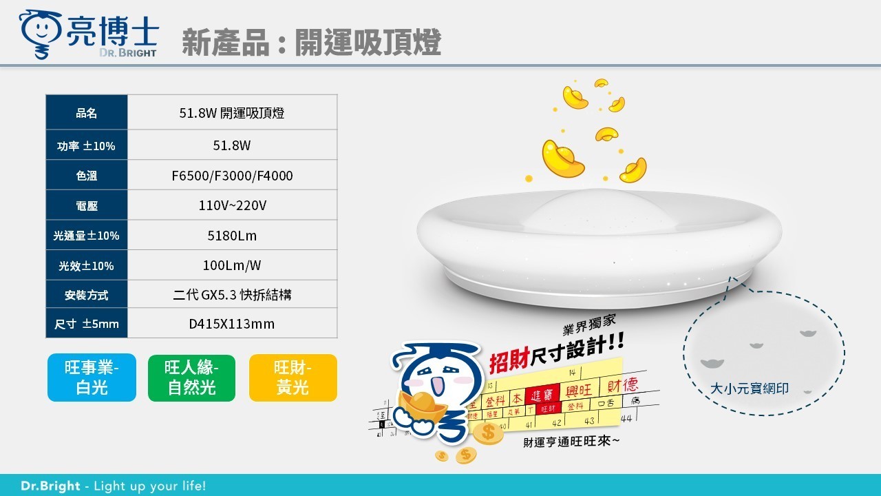 【亮博士】LED 開運吸頂燈 51.8W 白光/自然光/黃光