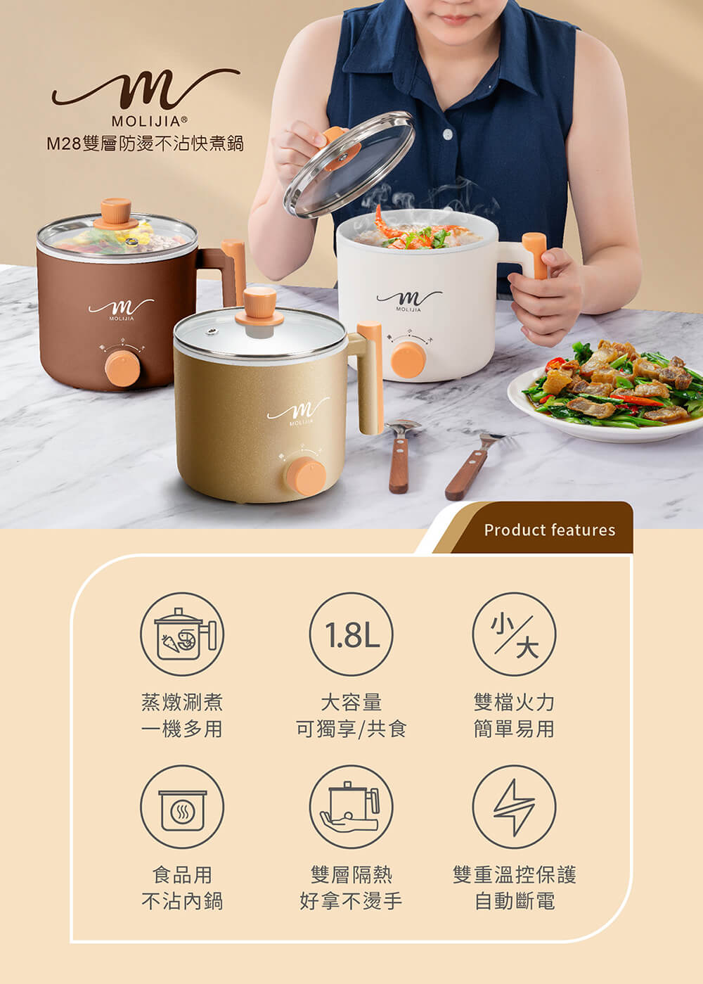 【MOLIJIA 魔力家】1.8L-M28 雙層防燙不沾快煮鍋(BY011028)