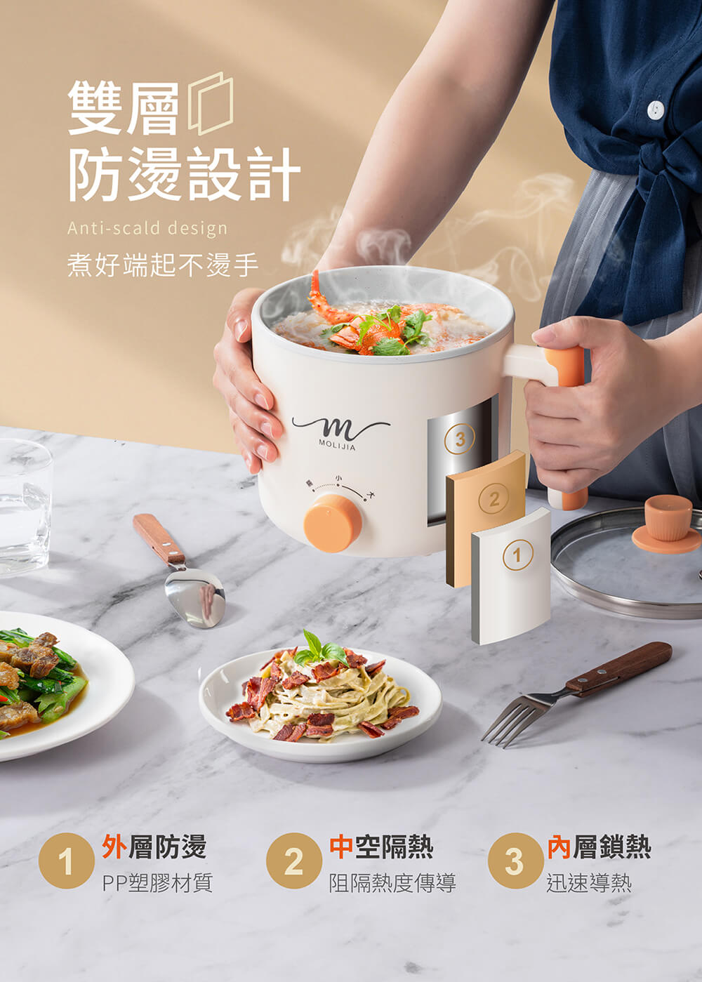 【MOLIJIA 魔力家】1.8L-M28 雙層防燙不沾快煮鍋(BY011028)