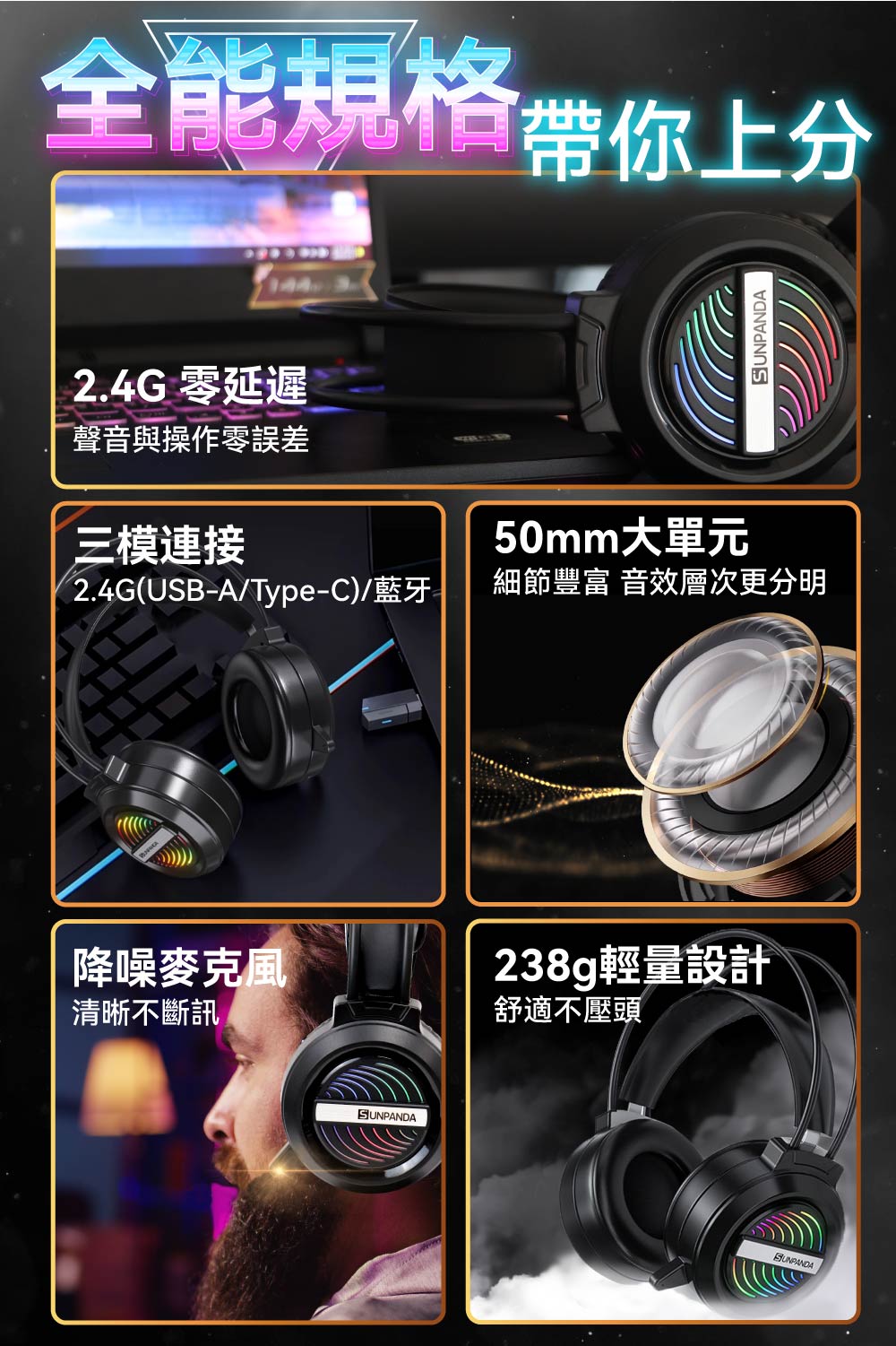 【DTAudio 聆翔】STRYX頭戴式無線電競耳機｜RGB燈、三模連接