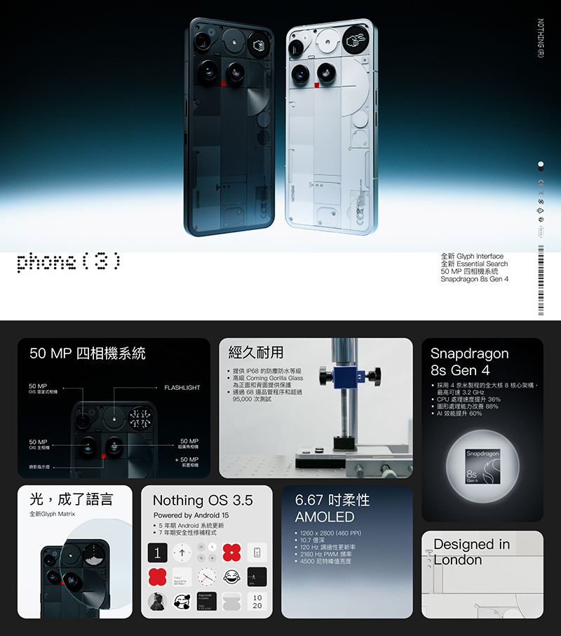 Nothing Phone 3 5G (16G+512G) 6.67吋智慧手機-原廠首賣好禮(送完為止)+25W雙孔快充頭+13000行電+掛繩+韓版收納包+指環支架+奈米噴劑