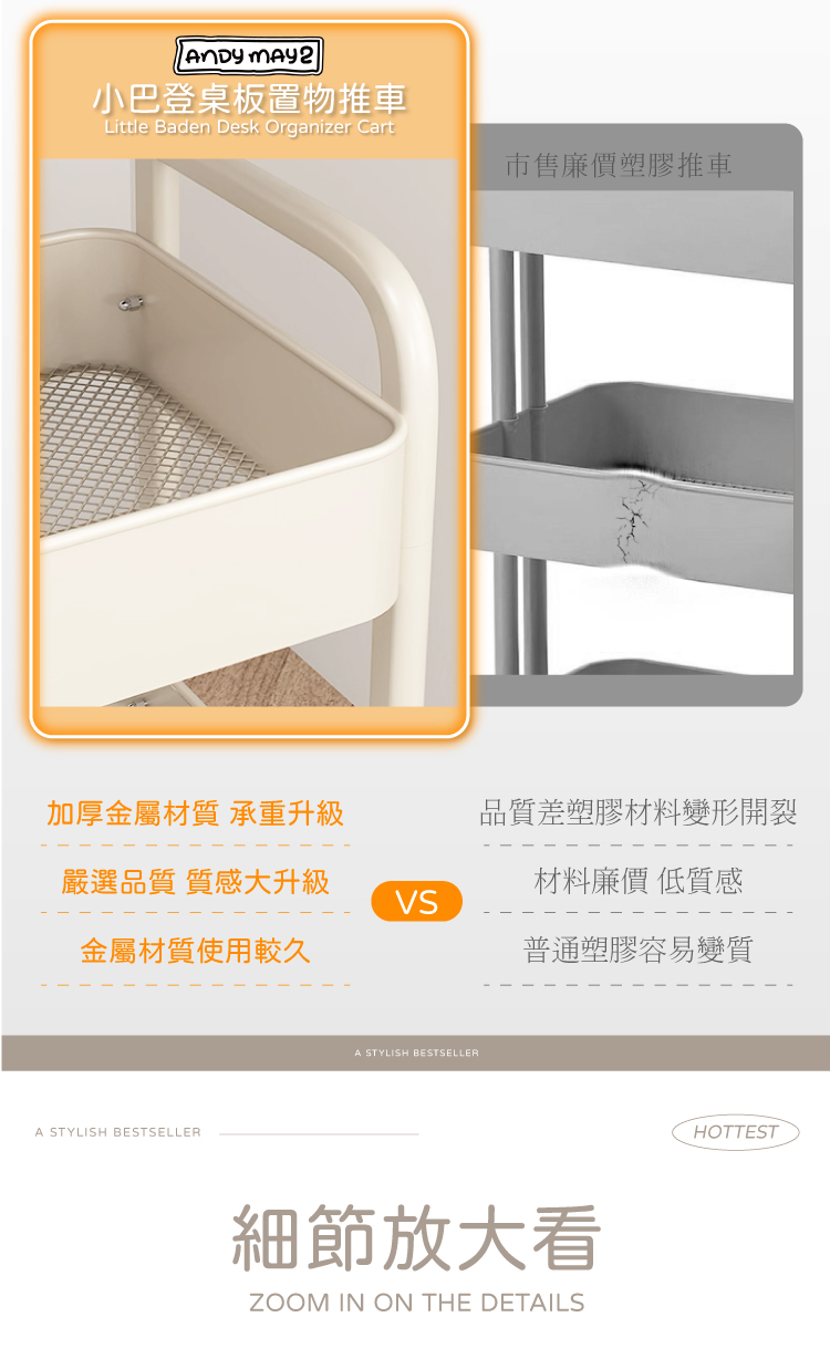 (2025 八月)【ANDYMAY2】鐵製小巴登桌板置物推車(收納架/置物櫃/桌板推車/收納籃/手推車)(OH-K323)