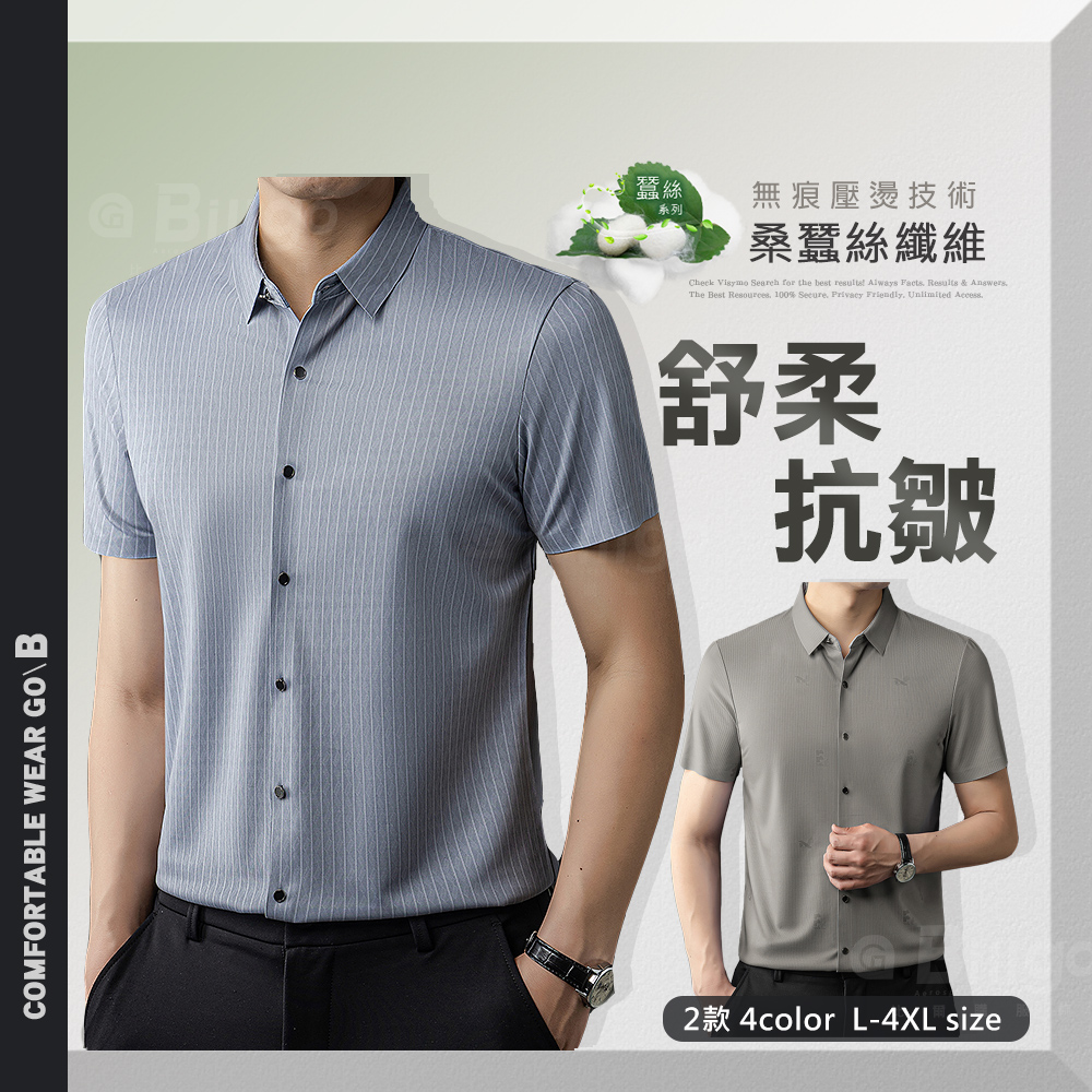 蠶絲浮印細直紋短袖襯衫