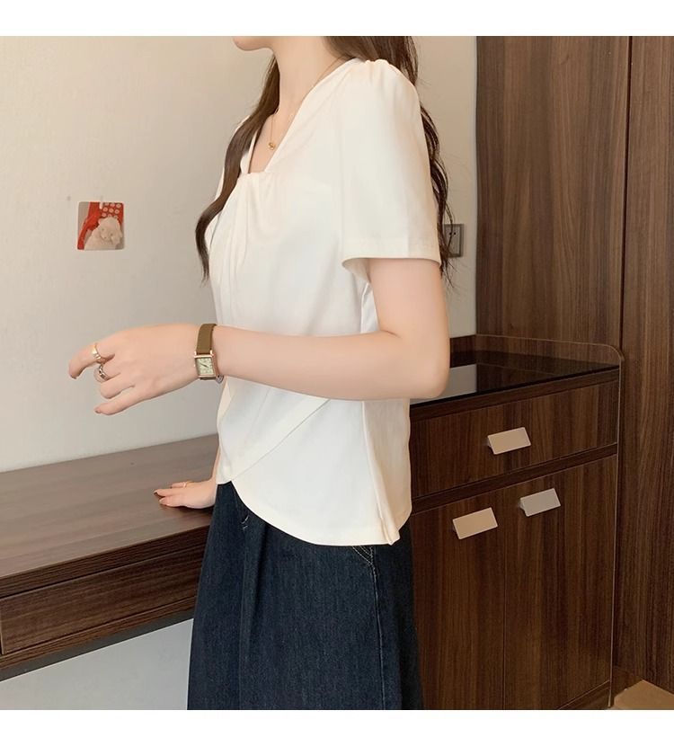 大碼設計韓系V領顯瘦不規則女上衣短袖