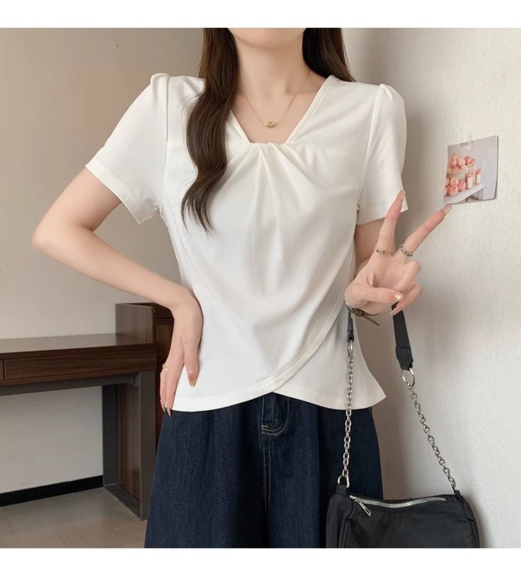 大碼設計韓系V領顯瘦不規則女上衣短袖