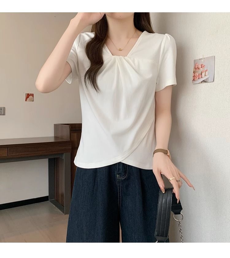 大碼設計韓系V領顯瘦不規則女上衣短袖