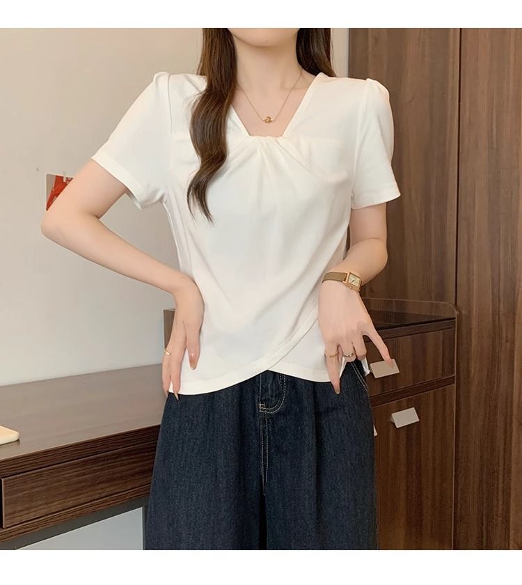 大碼設計韓系V領顯瘦不規則女上衣短袖