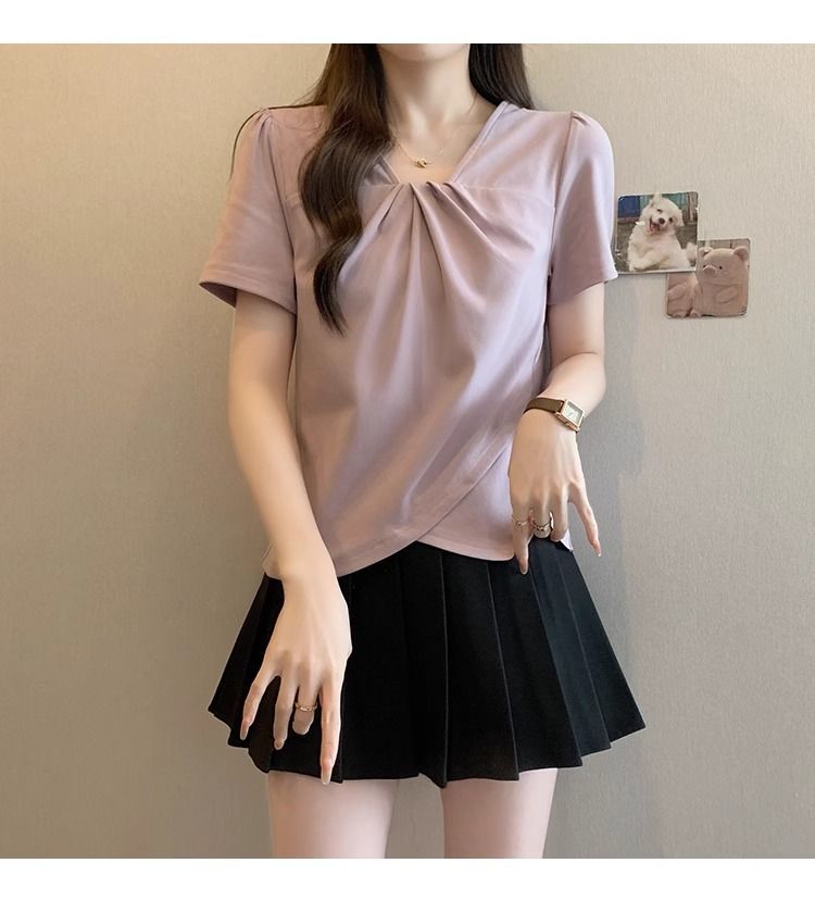 大碼設計韓系V領顯瘦不規則女上衣短袖