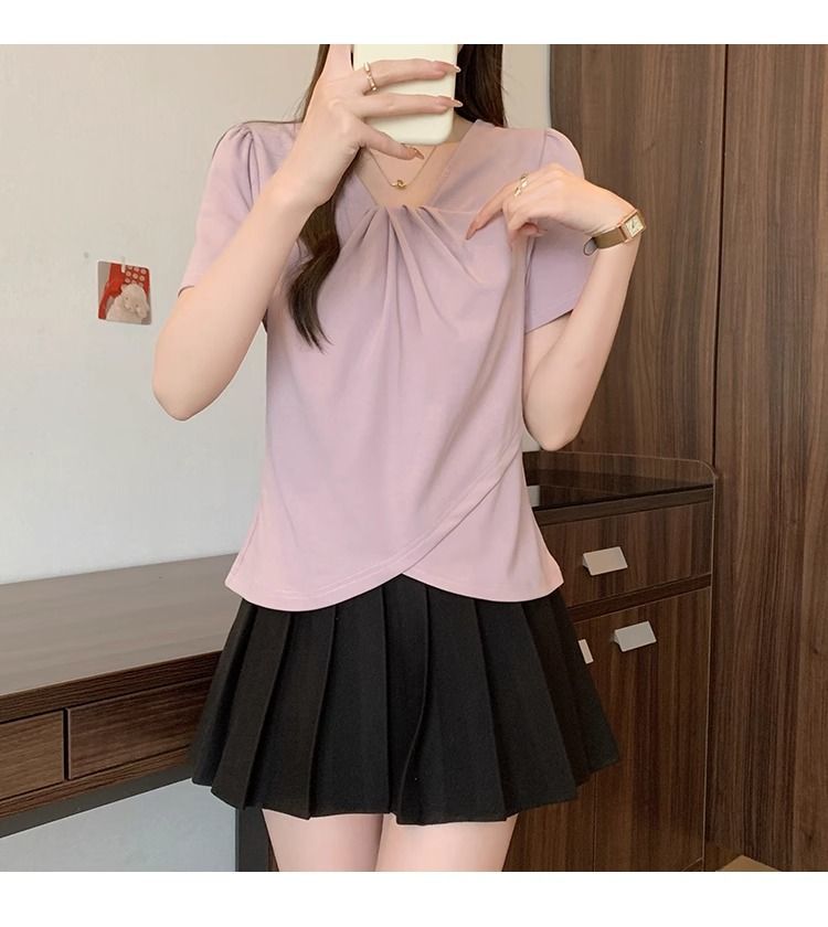 大碼設計韓系V領顯瘦不規則女上衣短袖