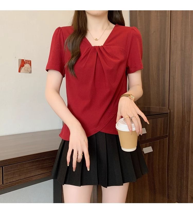 大碼設計韓系V領顯瘦不規則女上衣短袖