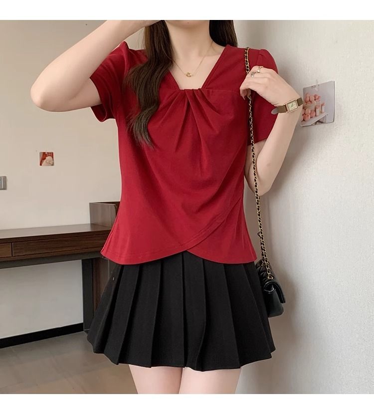 大碼設計韓系V領顯瘦不規則女上衣短袖