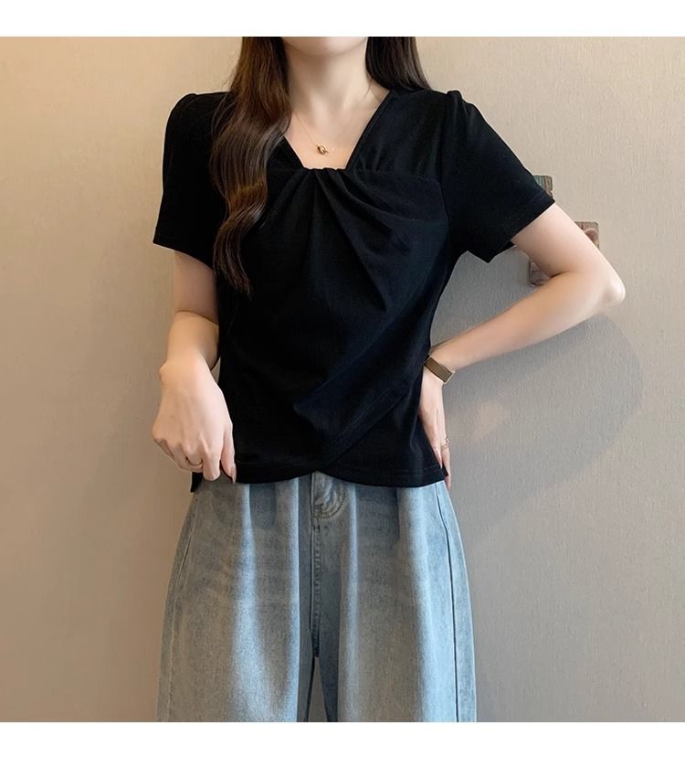 大碼設計韓系V領顯瘦不規則女上衣短袖
