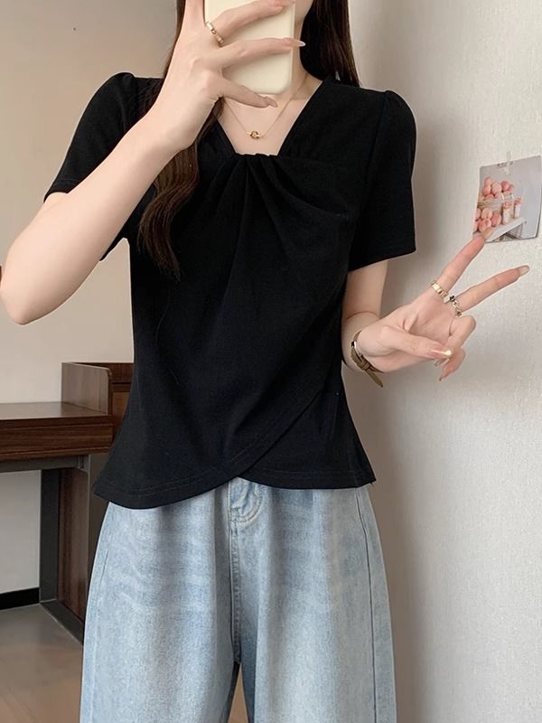 大碼設計韓系V領顯瘦不規則女上衣短袖