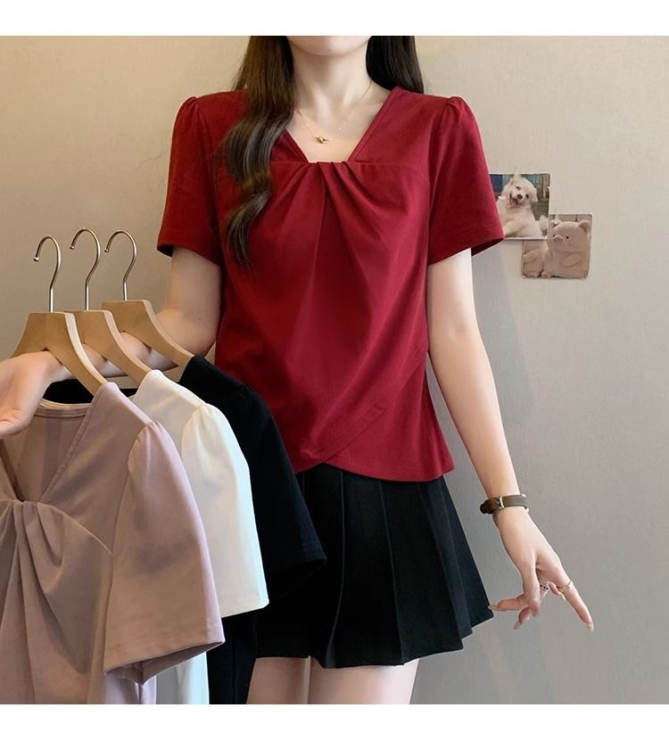 大碼設計韓系V領顯瘦不規則女上衣短袖