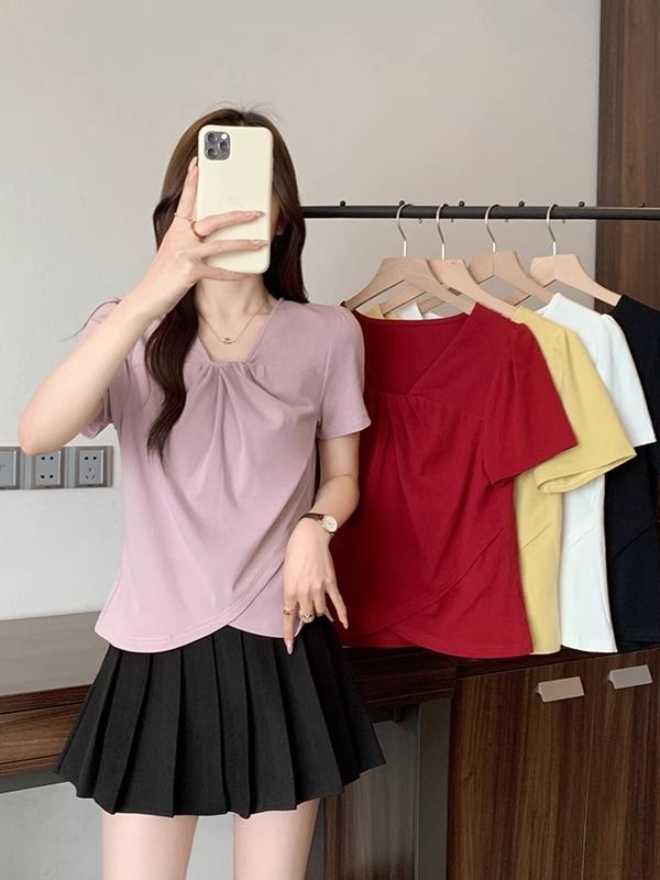 大碼設計韓系V領顯瘦不規則女上衣短袖