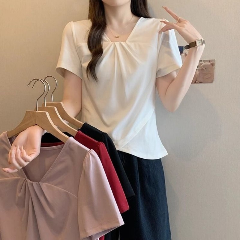 大碼設計韓系V領顯瘦不規則女上衣短袖