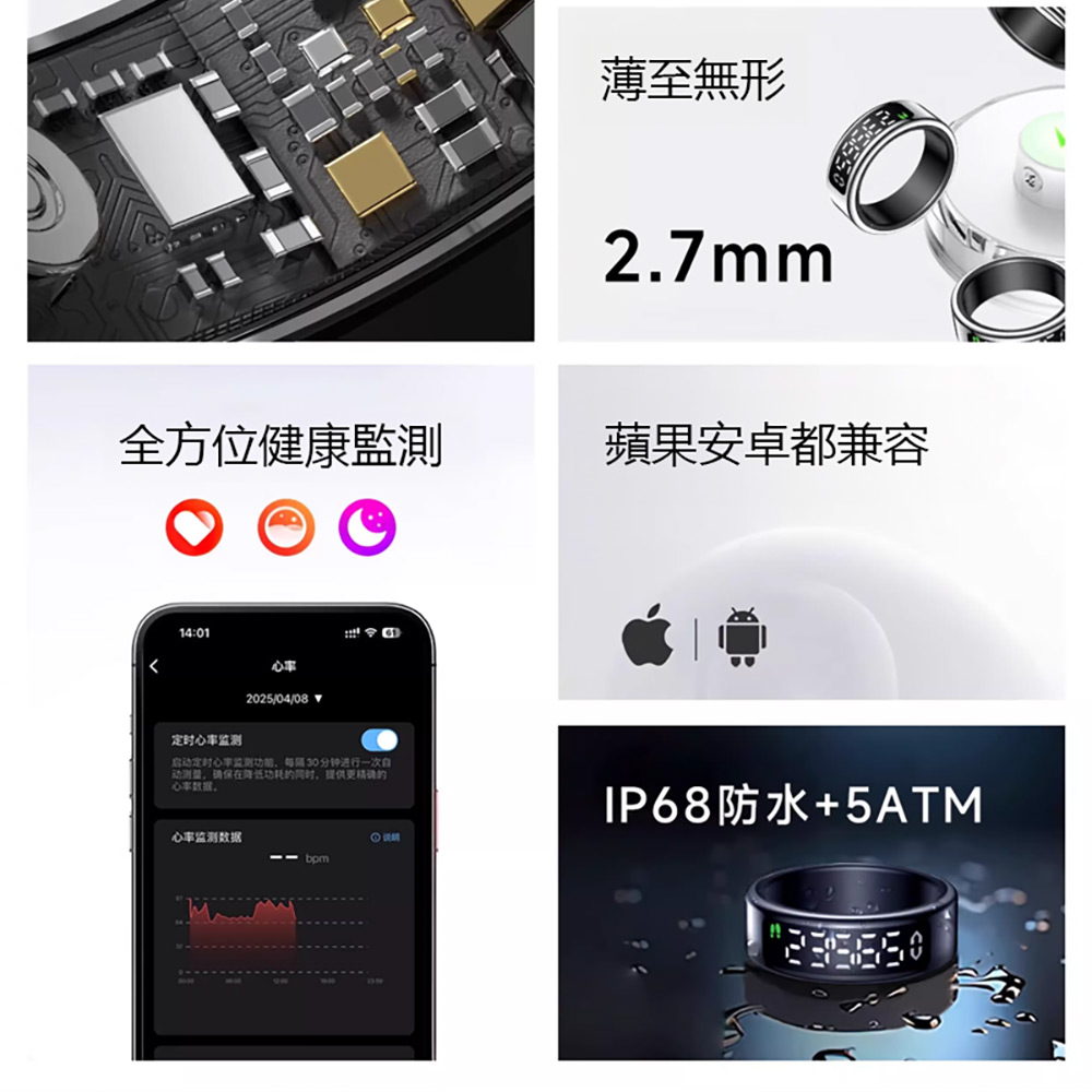 BLR-SY01 螢幕顯示觸控智能戒指 附充電盒(24小時監測 健康/心率/睡眠管理 運動模式 遠程遙控拍照)