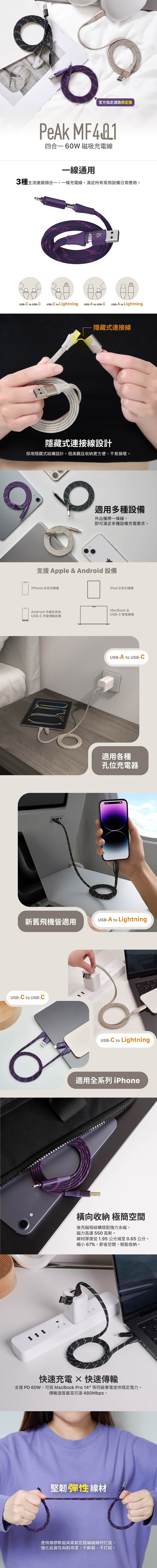 【亞果元素】PeAk MS401 / MF401 四合一 60W磁吸充電線