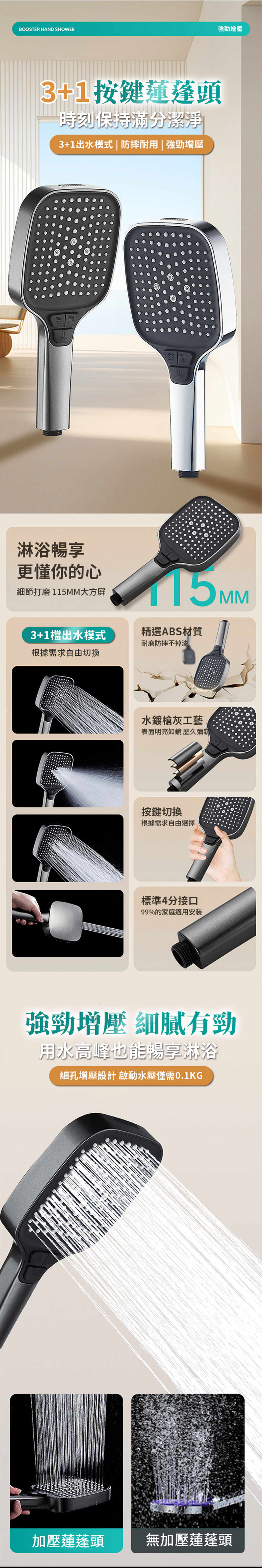 【APEX】方型3+1按鍵式增壓蓮蓬頭