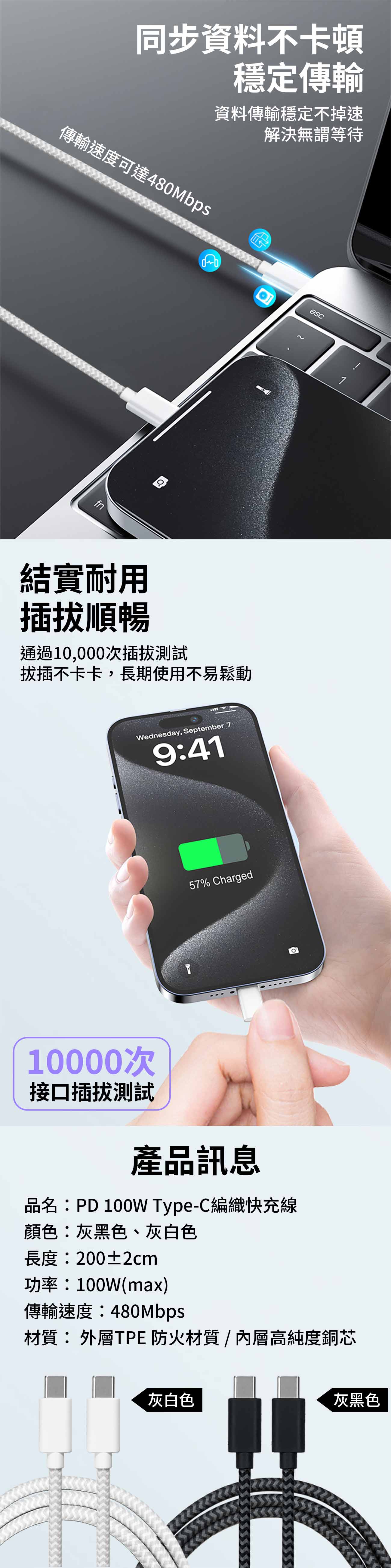 【APEX】PD 100W 納編織快充線 Type-C to Type-C 充電線 2M