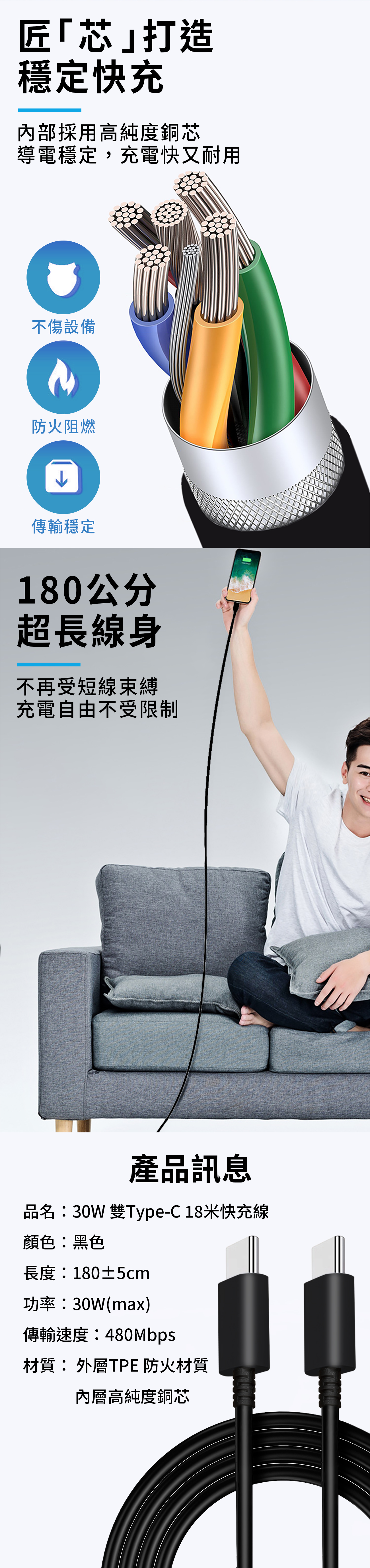 【APEX】PD 30W快充線 Type-C to Type-C充電線1.8M