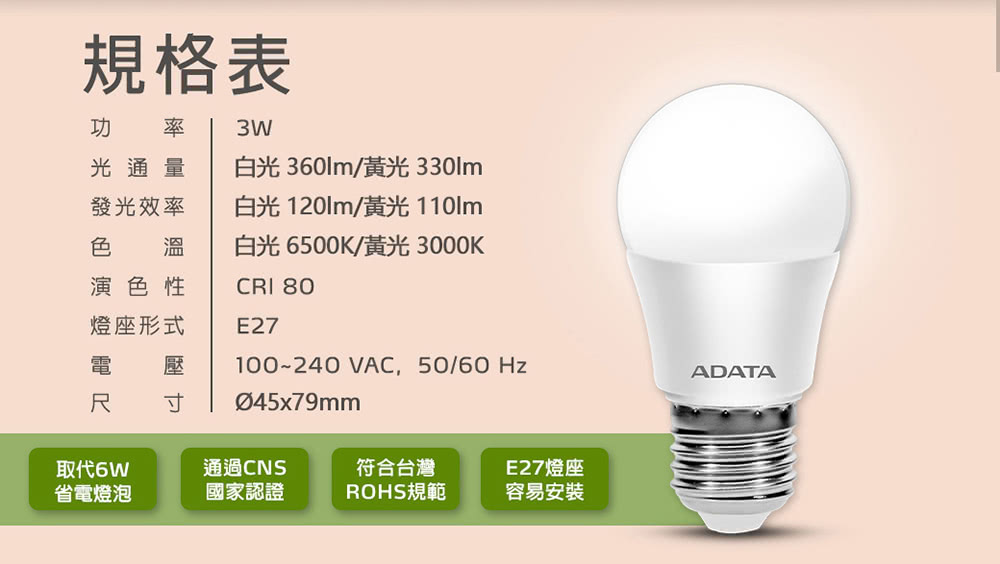 【ADATA 威剛】第四代3W高效LED燈泡 白光／黃光