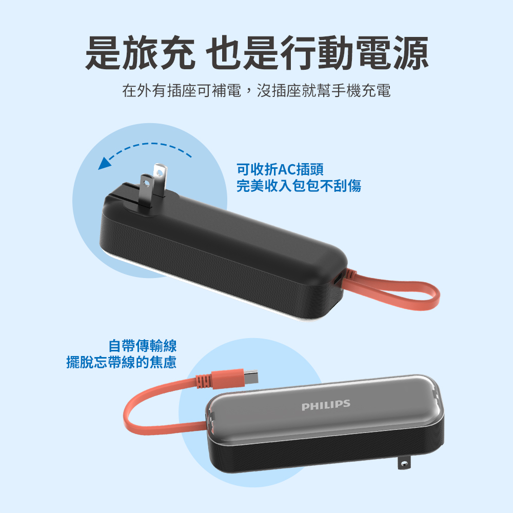 PHILIPS 飛利浦 DLP5201C 4900mAh FunCube BAR 22.5W AC自帶Type-C線行動電源(是旅充也是行充_具Wh標示)