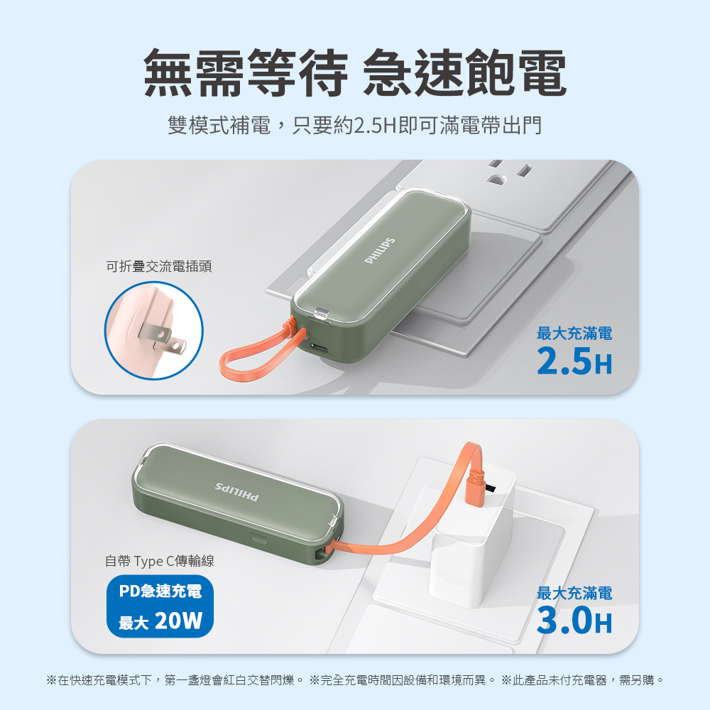 PHILIPS 飛利浦 DLP5201C 4900mAh FunCube BAR 22.5W AC自帶Type-C線行動電源(是旅充也是行充_具Wh標示)
