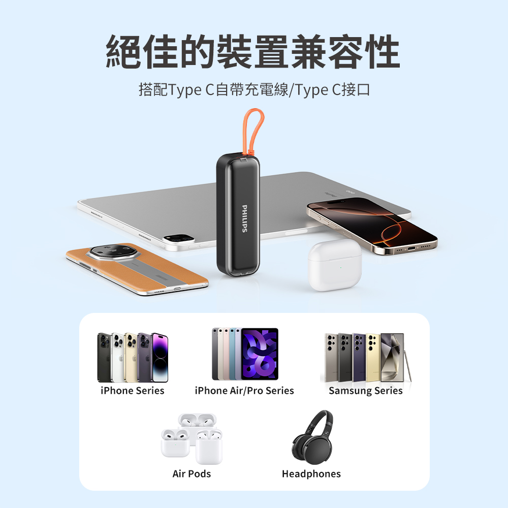 PHILIPS 飛利浦 DLP5201C 4900mAh FunCube BAR 22.5W AC自帶Type-C線行動電源(是旅充也是行充_具Wh標示)