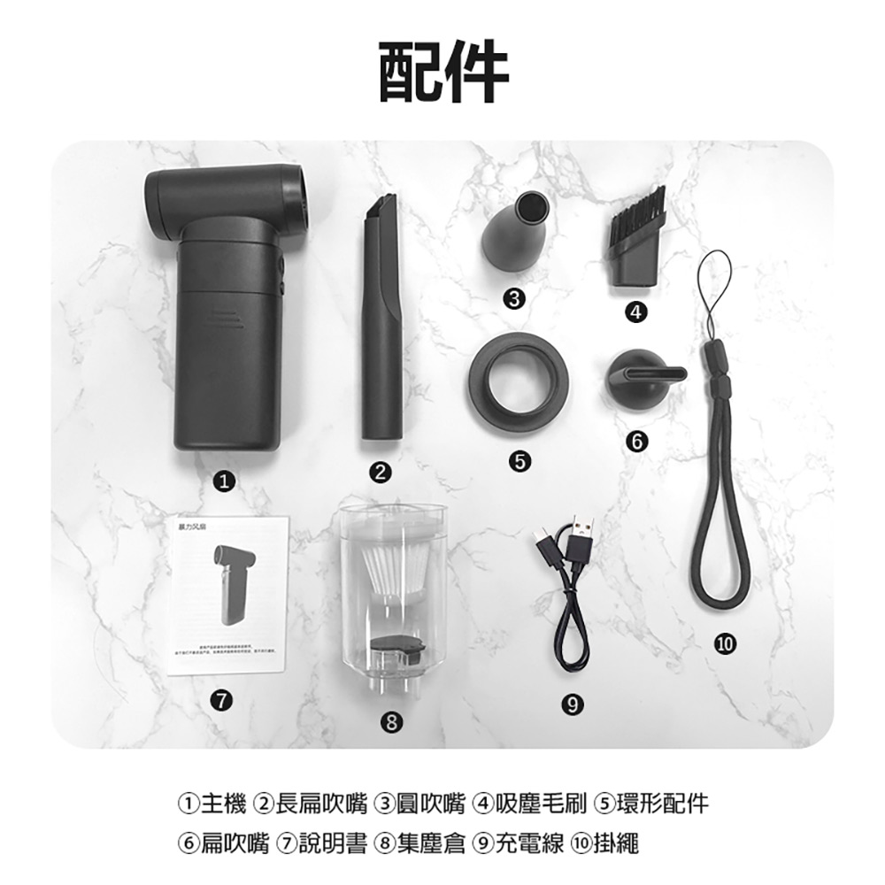 FAN-KXH-03 防塵器風扇 8件套裝組(13萬轉/分鐘 風速52米/秒 5檔風力 螢幕顯示 LED燈 吸吹抽充四合一)