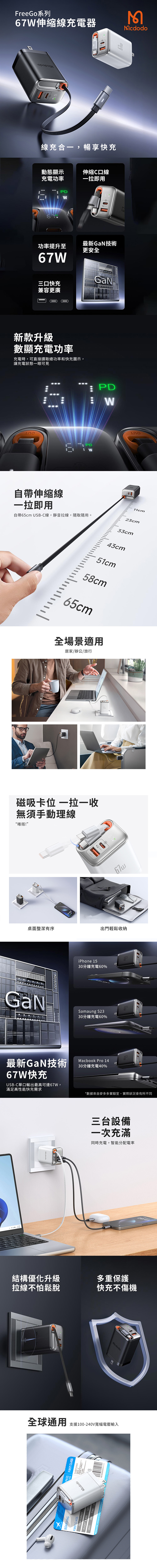 【Mcdodo麥多多】FreeGo系列 自帶伸縮線GaN 67W 快充充電器 CH-411