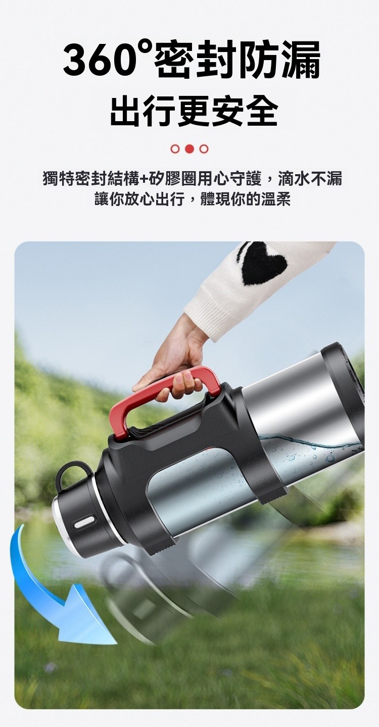 316不鏽鋼按壓內塞保溫瓶2000ml 大容量 杯蓋 肩背 手把