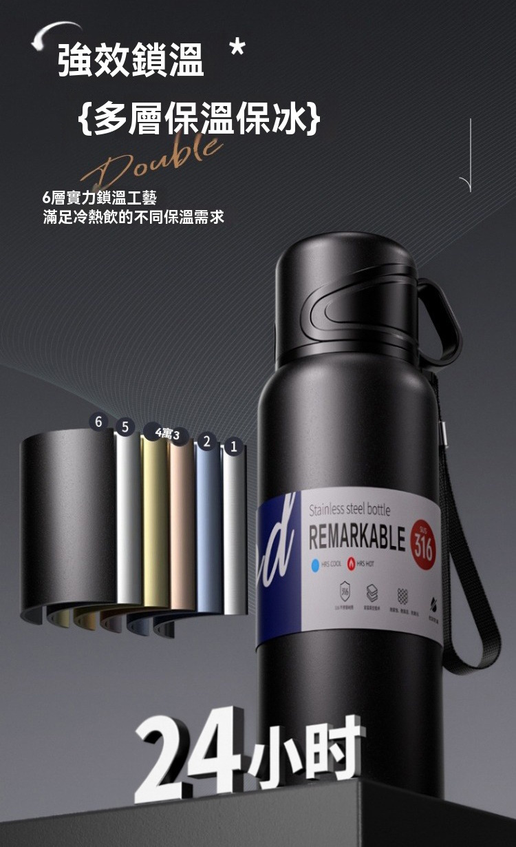  316不鏽鋼雙蓋保溫瓶1680ml 杯蓋 提把 便攜
