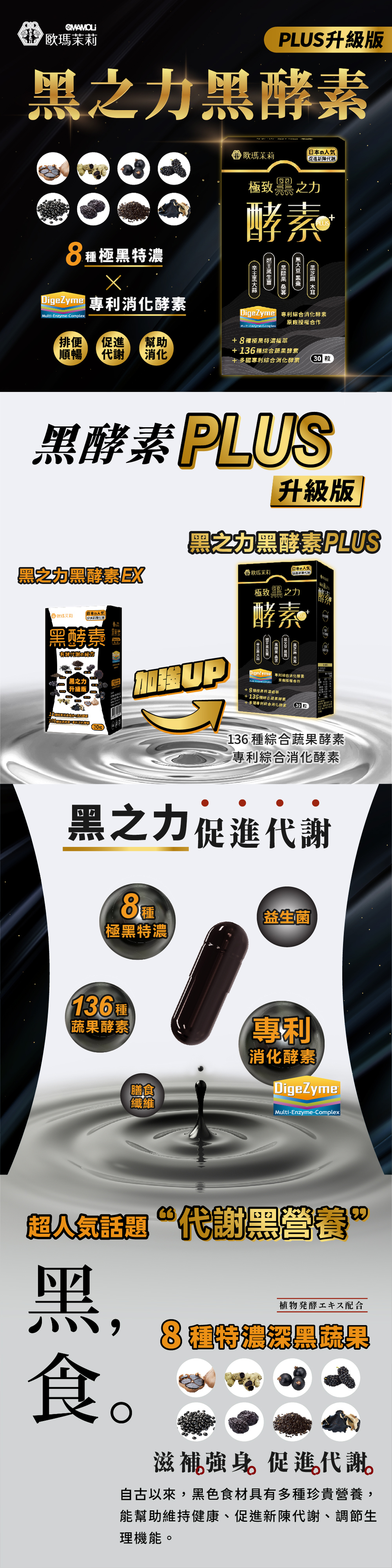 【歐瑪茉莉】黑酵素PLUS 30粒/盒(升級136種蔬果酵素+專利消化酵素)